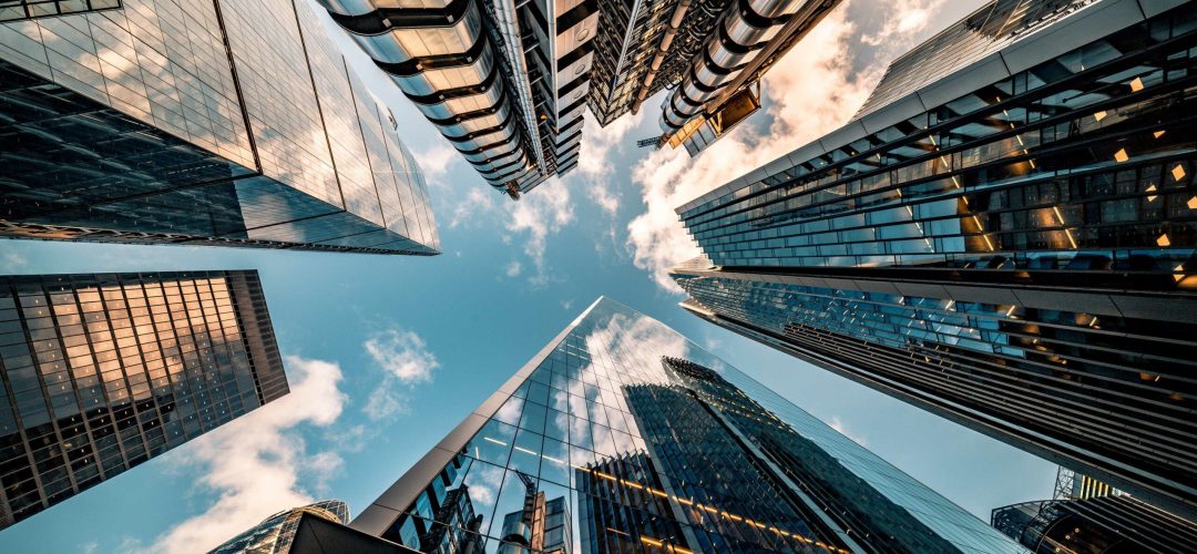 View directly at the skyline of the Financial District in central London